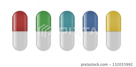 Set of realistic medicine pills, tablets, and capsules in various shapes and colors. Perfect for healthcare, pharmacy, medical, and wellness projects. 132033992