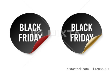 black round Black Friday sticker with a curled gold and red corner in elegant vector style, perfect for luxury sale promotions, product labels, and online advertising designs. 132033995