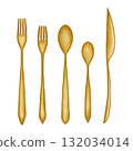 Watercolor Illustration of Gold Cutlery Set Isolated on White Background 132034014