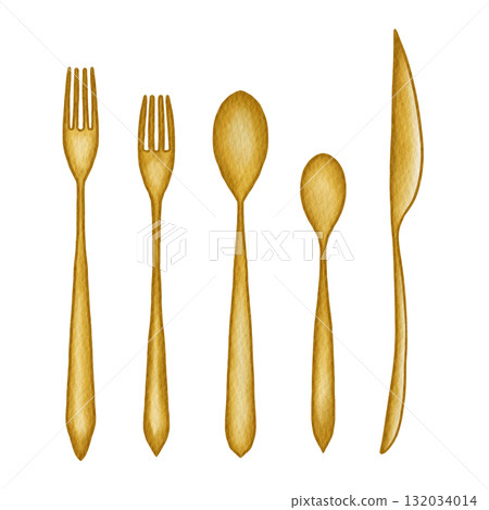 Watercolor Illustration of Gold Cutlery Set Isolated on White Background 132034014