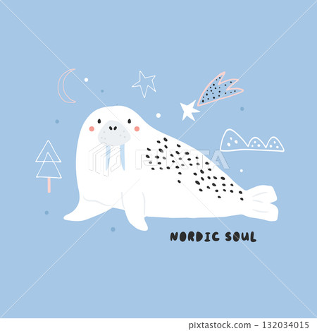 Adorable Hand-Drawn Walrus and Stars Print for Kids' Decor. Cute Walrus Illustration. 132034015
