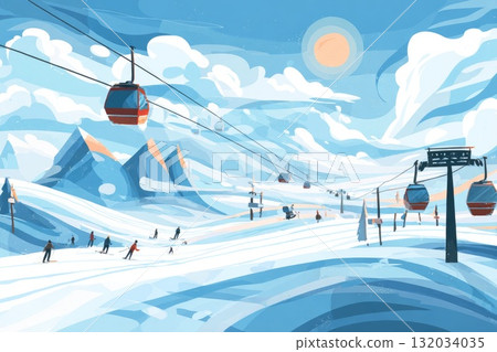 Colorful winter landscape with ski lifts and skiers enjoying a snowy mountain resort scene 132034035