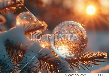 Frosted bubble resting on snow-covered pine branch with sunlight creating a magical atmosphere 132034036