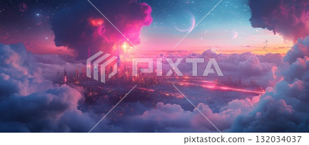 Futuristic city skyline at sunset with vibrant colors and dramatic cloud formations 132034037