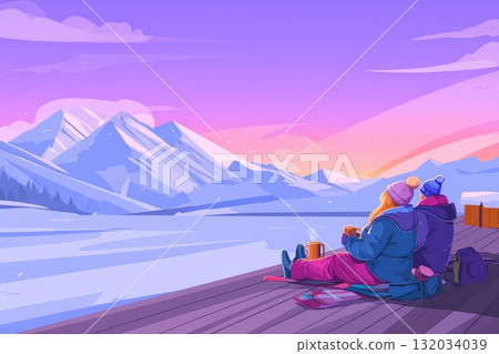 Couple enjoying warm drinks on a wooden deck overlooking snowy mountains at sunset Couple enjoying warm drinks on a wooden deck overlooking snowy mountains at sunset 132034039