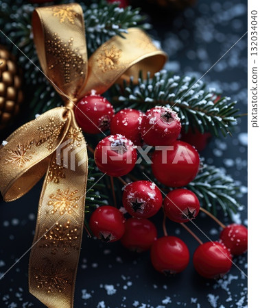 Festive arrangement of red berries and golden ribbon on dark background with snowflakes Festive arrangement of red berries and golden ribbon on dark background with snowflakes 132034040