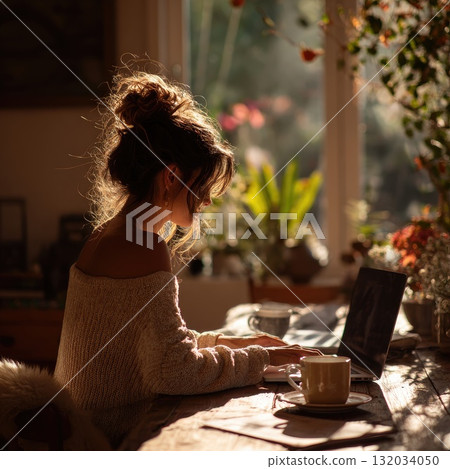 Young woman with curly hair enjoying coffee while working on laptop in cozy sunlit room Young woman with curly hair enjoying coffee while working on laptop in cozy sunlit room 132034050