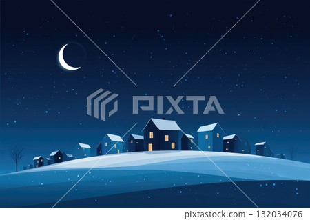 Winter night scene with cozy houses under a crescent moon and falling snowflakes in the sky 132034076
