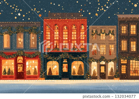 Colorful winter street scene with festive decorations and snow-covered buildings at night 132034077