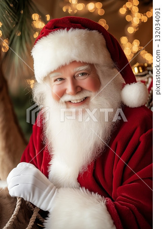 santa with holiday cheer, cheerful santa portrait with twinkle lights, jolly santa with rosy cheeks and festive lights, smiling santa in plush red suit with twinkling lights and warm expression 132034091