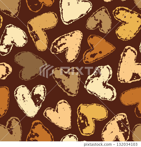 Seamless vector pattern with gingerbread hearts in warm caramel tones on rich chocolate brown background 132034103
