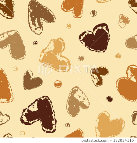 Seamless vector pattern with cozy brown hearts and dots on creamy yellow background for kitchen design Seamless vector pattern with cozy brown hearts and dots on creamy yellow background for kitchen design 132034110