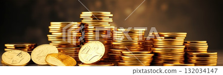 Golden Coins Stacked in Towering Piles, Symbolizing Prosperity and Financial Abundance on black background 132034147