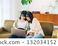 Female friends looking at a computer together 132034152