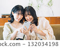 Two smiling women looking at a smartphone in a room 132034198