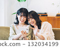 Two smiling women looking at a smartphone in a room 132034199