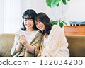 Two smiling women looking at a smartphone in a room 132034200