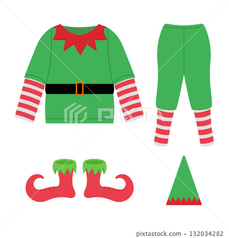 Christmas Elf Costume Set Vector Illustration. Perfect for Christmas design projects, holiday cards, invitations, festive decorations or seasonal ads. Christmas Elf Costume Set Vector Illustration. Perfect for Christmas design projects, holiday cards, invitations, festive decorations or seasonal ads. 132034282