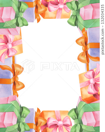 Restangular vertical frame of gift boxes. For fabric, wallpaper, packing paper, greeting cards, design, decoration and illustration. 132034335