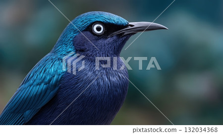 Vibrant iridescent bird with striking blue and purple plumage and a white eye, captured in a detailed close-up portrait. 132034368