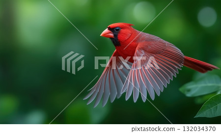 Vibrant Northern Cardinal flying with wings spread against lush green bokeh 132034370