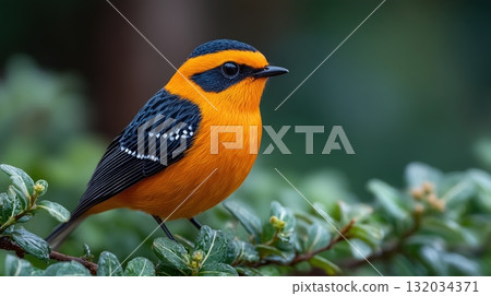 Vibrant orange and black bird perching on a lush green branch 132034371