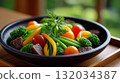 Vibrant and healthy mixed vegetable bowl featuring broccoli, green beans, tomatoes, bell pepper, and protein 132034387