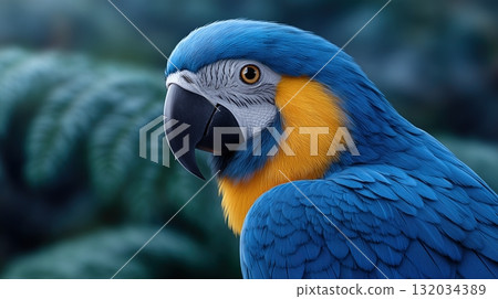 Vibrant Blue and Yellow Macaw Close-up Portrait with Intense Gaze 132034389