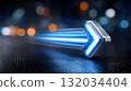 Glowing blue arrow with light trail symbolizing speed and direction on a dark textured background with bokeh lights. 132034404