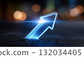Glowing Blue Arrow Rising from Grid Surface with Bokeh Background 132034405