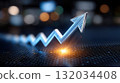 Upward trend arrow with glowing light on a dark, futuristic background, symbolizing growth and success. 132034408