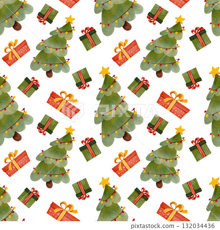 Seamless pattern with Christmas trees and gift boxes. Hand-drawn watercolor illustration. Suitable for holiday decorations, cards, and textiles. Seamless pattern with Christmas trees and gift boxes. Hand-drawn watercolor illustration. Suitable for holiday decorations, cards, and textiles. 132034436