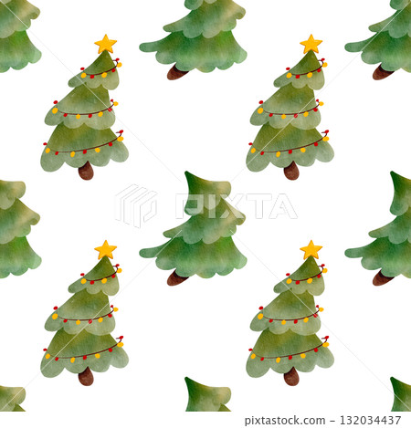 Seamless pattern with Christmas trees and festive garlands. Hand-drawn watercolor illustration. Perfect for holiday decorations, cards, and textiles. Seamless pattern with Christmas trees and festive garlands. Hand-drawn watercolor illustration. Perfect for holiday decorations, cards, and textiles. 132034437