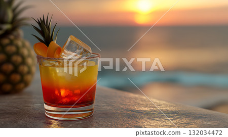 Tropical Sunset Layered Cocktail with Pineapple Garnish 132034472