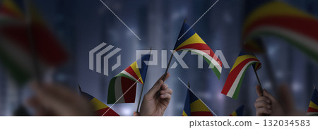 Seychelles flags in their hands on a blurred urban background Seychelles flags in their hands on a blurred urban background 132034583