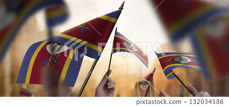 Swaziland flags in their hands on a blurred urban background Swaziland flags in their hands on a blurred urban background 132034586
