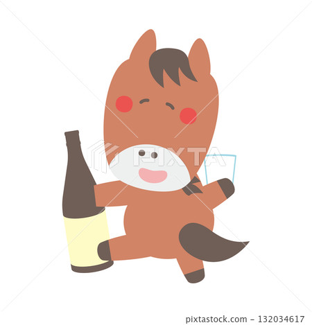 可愛的馬角色插圖，帶著一公升的瓶子和杯子走路 132034617
