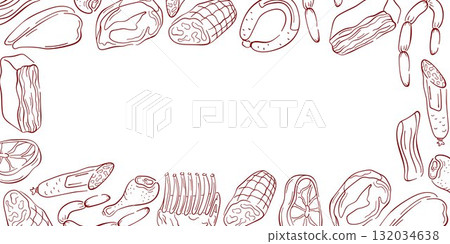Border frame with meat cuts in line art style. Ideal for butcher shop design, culinary menu, recipe book or background in food related illustration. Border frame with meat cuts in line art style. Ideal for butcher shop design, culinary menu, recipe book or background in food related illustration. 132034638