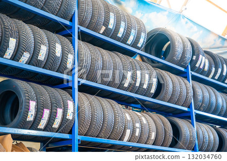 Multiple car tires and wheels stored in a large automotive workshop. Organized auto parts warehouse as part of seasonal tire service and maintenance. 132034760