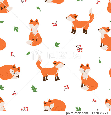 Seamless pattern of cute cartoon foxes. Vector illustration of cartoon animals. Background for kids wear, nursery 132034771