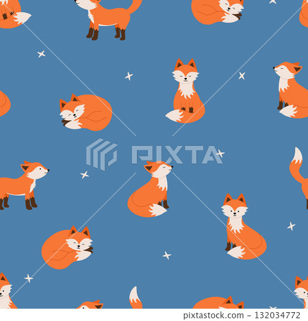 Seamless pattern of cute foxes. Vector illustration of cartoon forest animals. Background for kids wear, nursery. 132034772