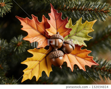 Acorns and dry leaves in autumn forest 132034814