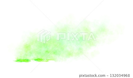 Green toxic mist cloud with glowing slime puddles on transparent background depicting pollution or magic fluid 132034968