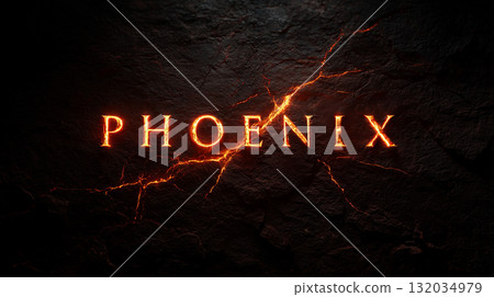 The word PHOENIX floating in the lava, a design symbolizing the flame of rebirth and immortality 132034979