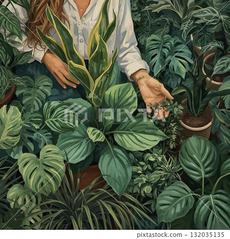 Woman caring for foliage plants 132035135