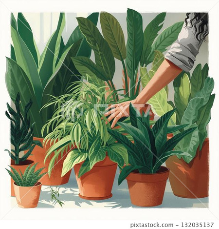 Woman taking care of houseplants Woman taking care of houseplants 132035137