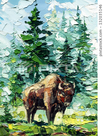 Bison in Forest, Textured Impasto Oil Painting, Wildlife Landscape Art with Green Trees and Mountain Nature Bison in Forest, Textured Impasto Oil Painting, Wildlife Landscape Art with Green Trees and Mountain Nature 132035146