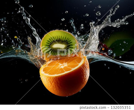 Fresh fruit dropped into water Fresh fruit dropped into water 132035351