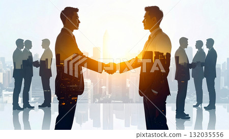 Diverse business partners negotiating and shaking hands in an urban office, shining with hope and success Diverse business partners negotiating and shaking hands in an urban office, shining with hope and success 132035556