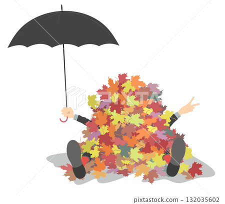 Man, umbrella and pile of autumn leaves. Happy man with umbrella lays under a huge pile of multicolored autumn leaves. Isolated on white background Man, umbrella and pile of autumn leaves. Happy man with umbrella lays under a huge pile of multicolored autumn leaves. Isolated on white background 132035602